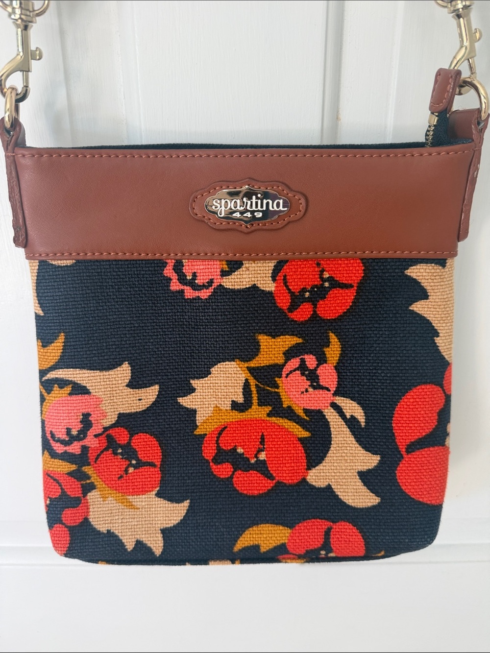 Spartina 449 Navy Floral Crossbody with Brown Trim